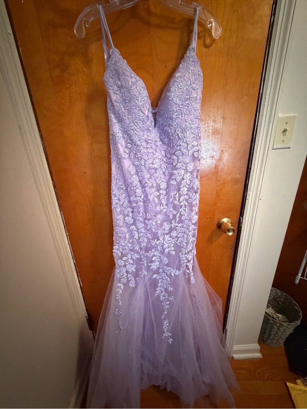 Lace Appliqué Lavender Mermaid Evening Dress